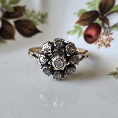 Antieke 14k gouden en zilver ring roosdiamant bloem