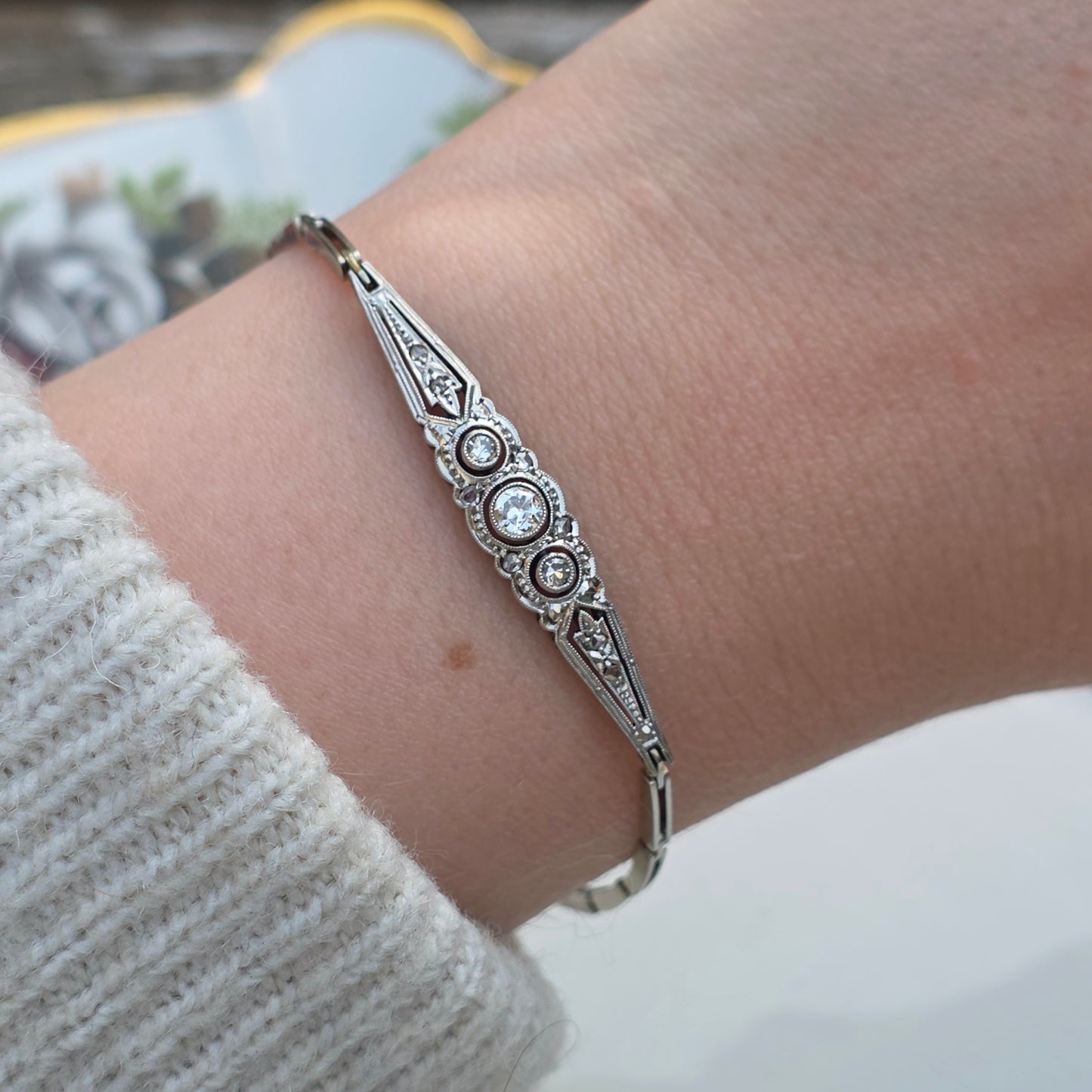 Antieke 14k wit gouden Art Deco diamanten armband