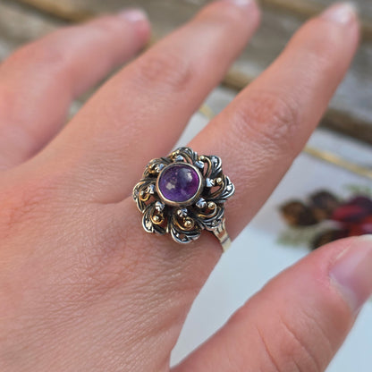Antieke 14k gouden en zilver ring met amethist en diamantjes