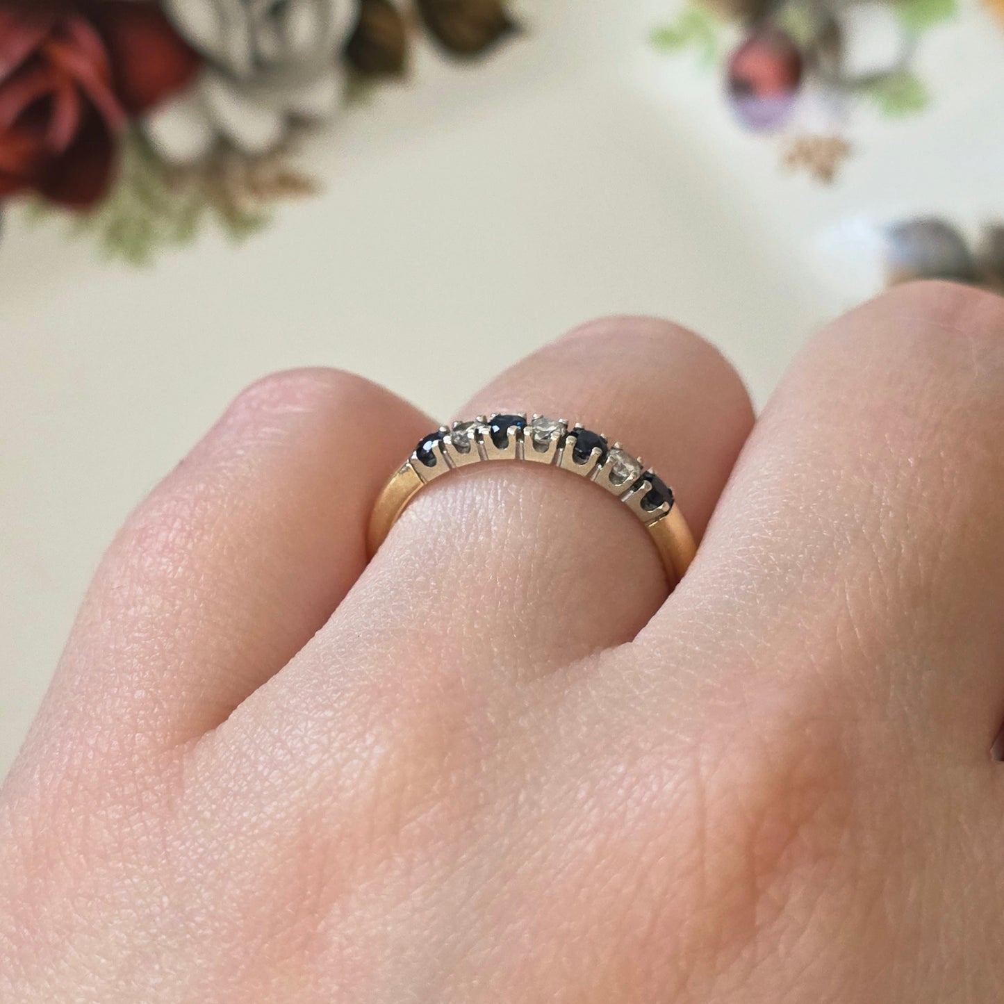 Vintage 14k gouden ring met saffier en diamant 0.12ct