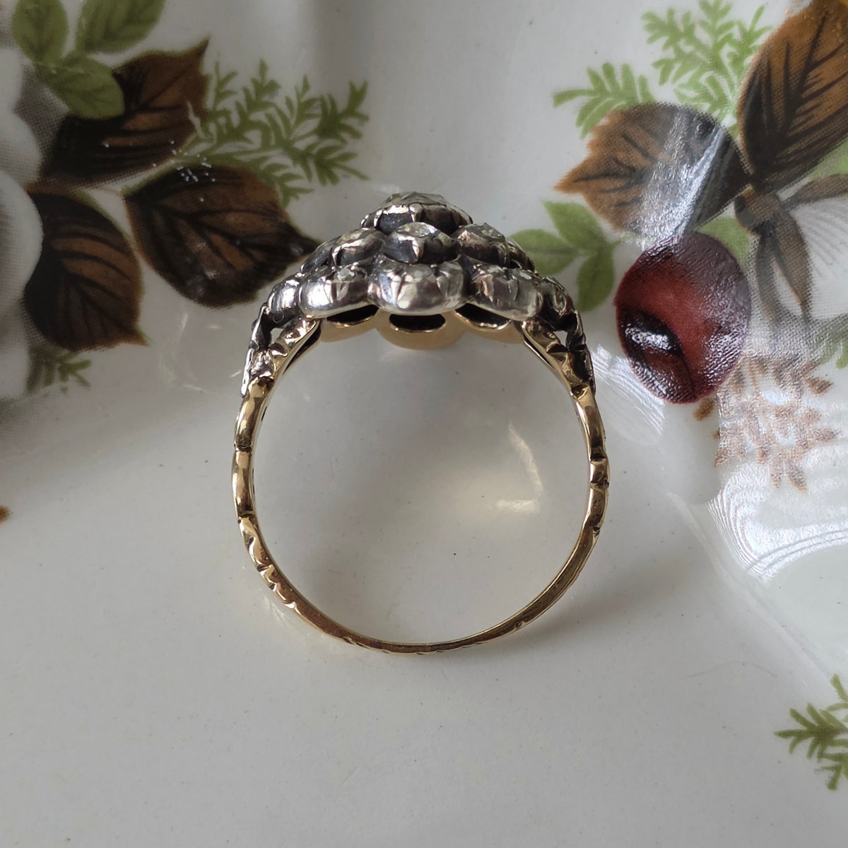 Antieke 14k gouden en zilver ring roosdiamant bloem