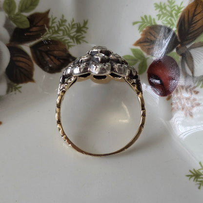 Antieke 14k gouden en zilver ring roosdiamant bloem