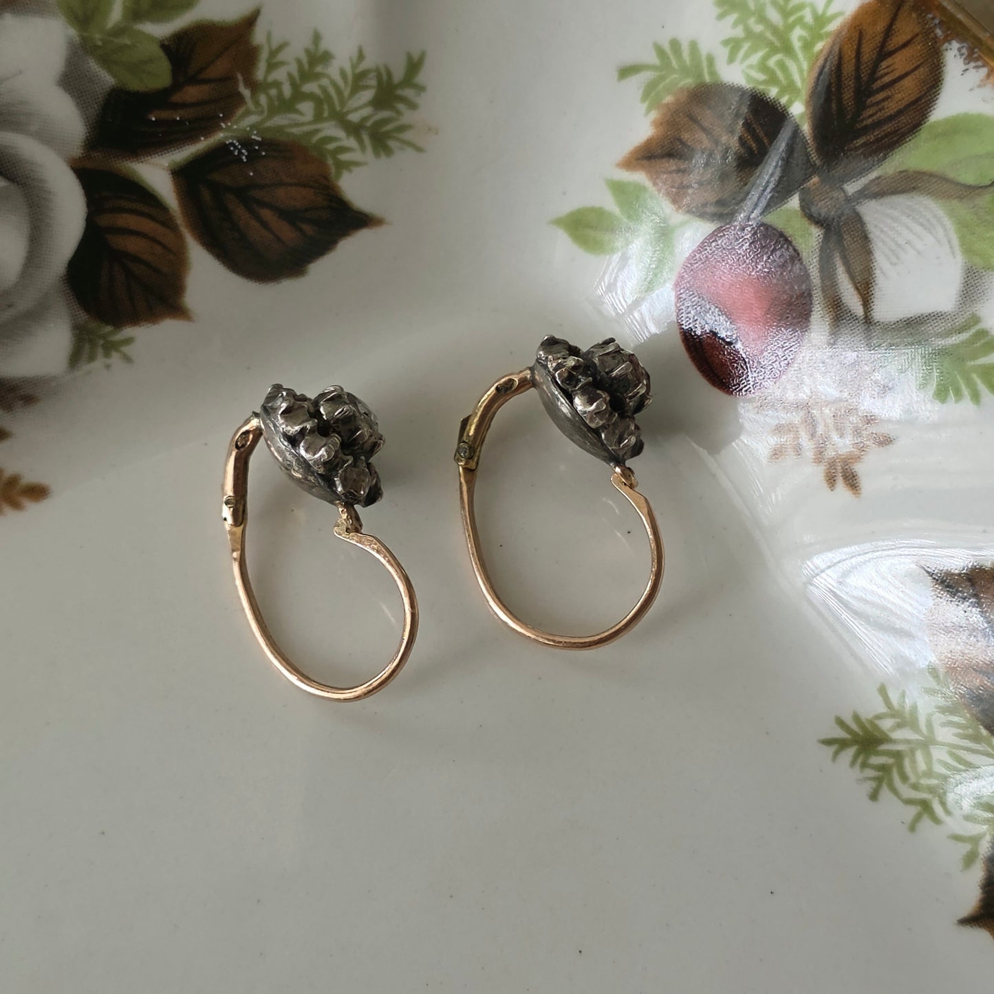 Antieke 14k gouden en zilver roosdiamant oorhangers