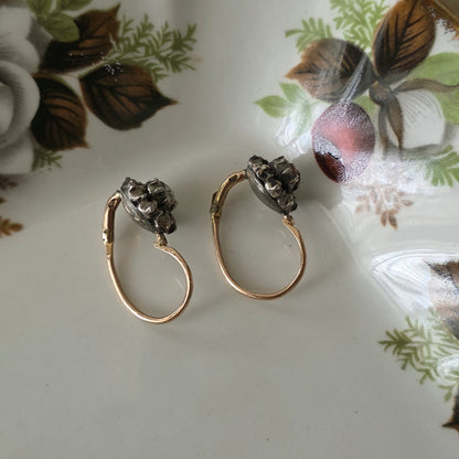 Antieke 14k gouden en zilver roosdiamant oorhangers