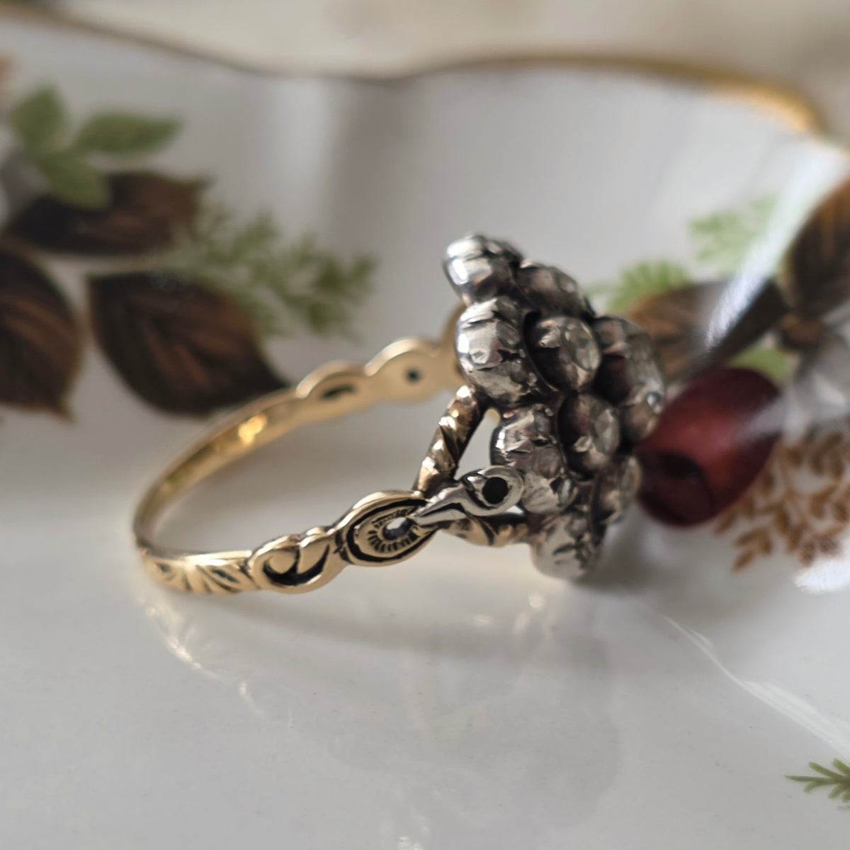 Antieke 14k gouden en zilver ring roosdiamant bloem