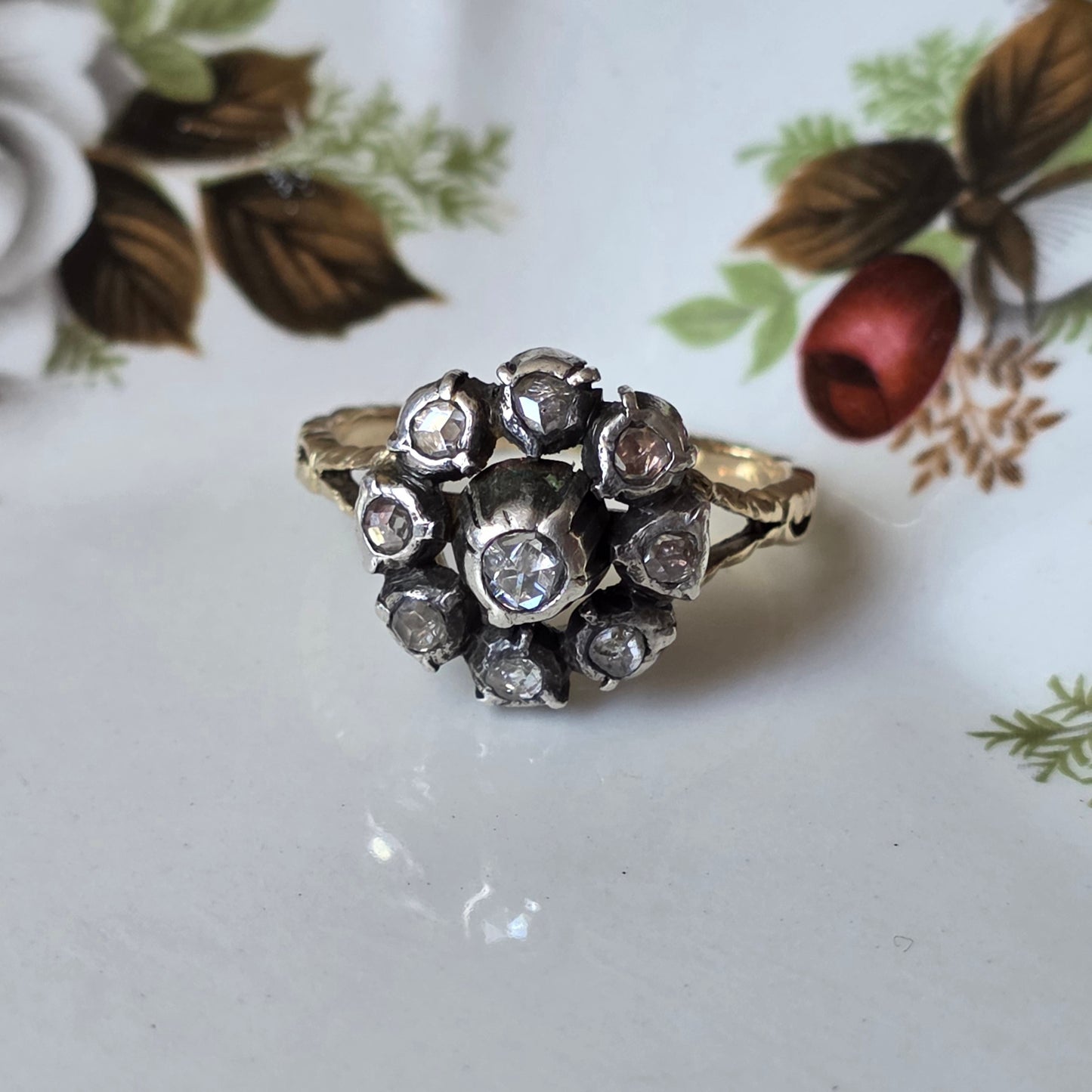 Antieke 14k gouden en zilver ring roosdiamant bloem