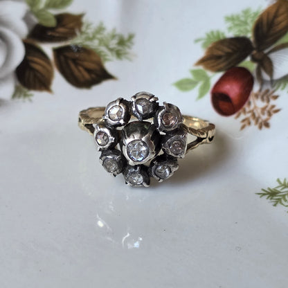 Antieke 14k gouden en zilver ring roosdiamant bloem