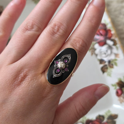 Antieke 14k gouden ring met onyx, robijnen en roosdiamant