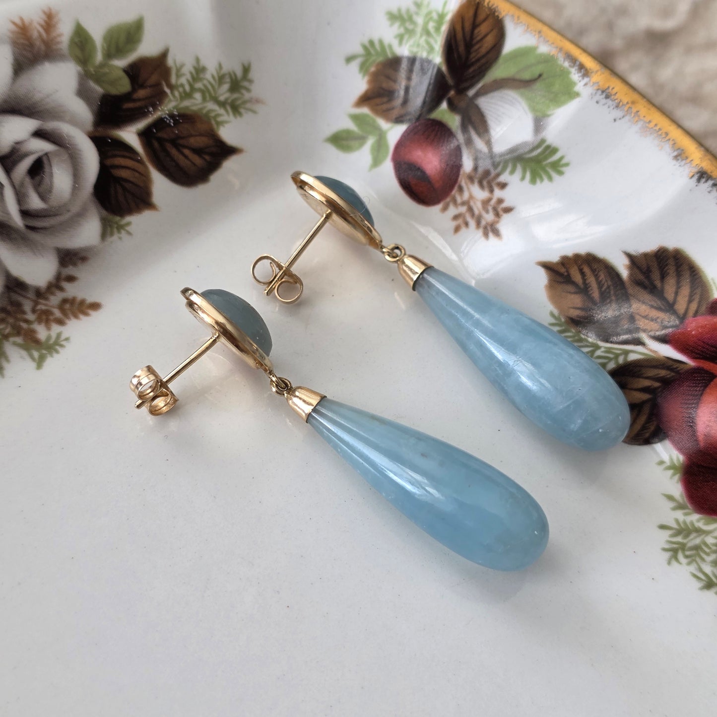 Vintage 14k gouden oorhangers blauwe agaat