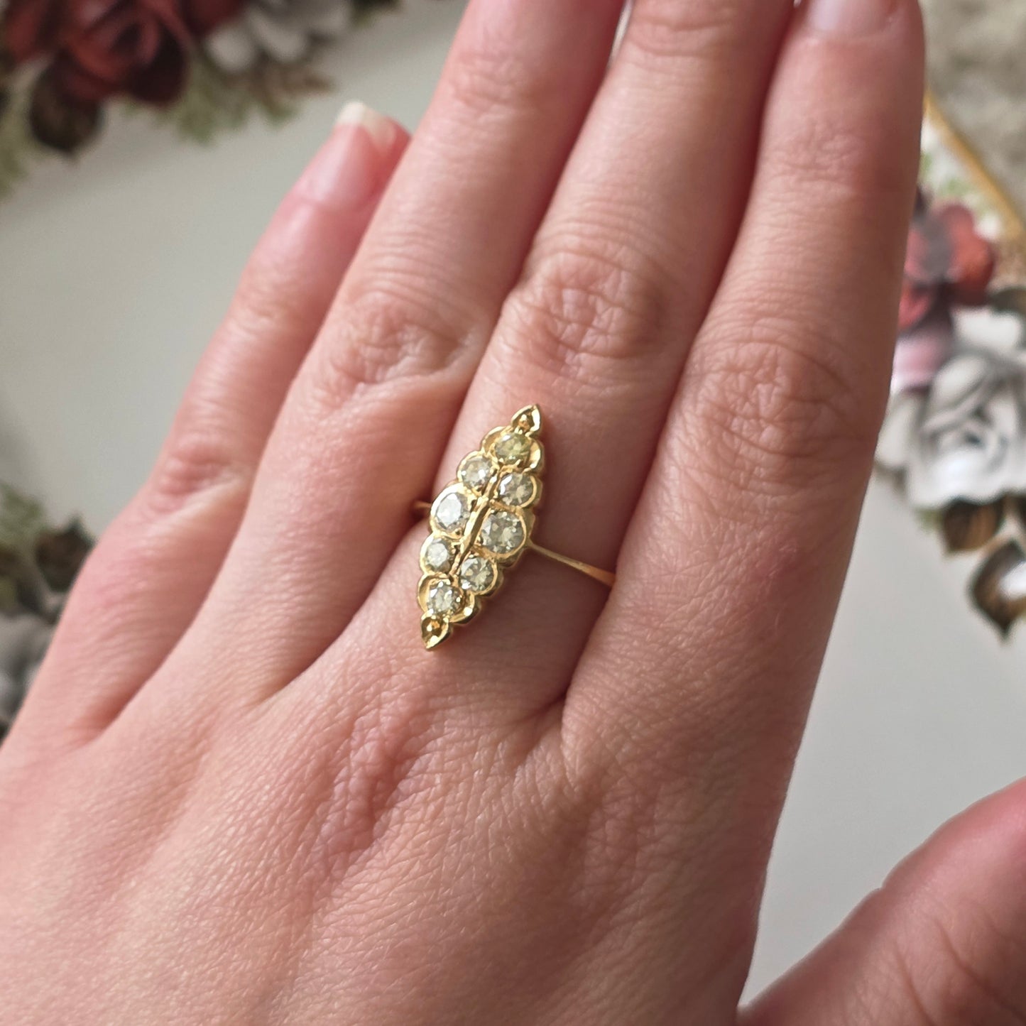 Vintage 20k gold navette ring with diamonds 0.46ct