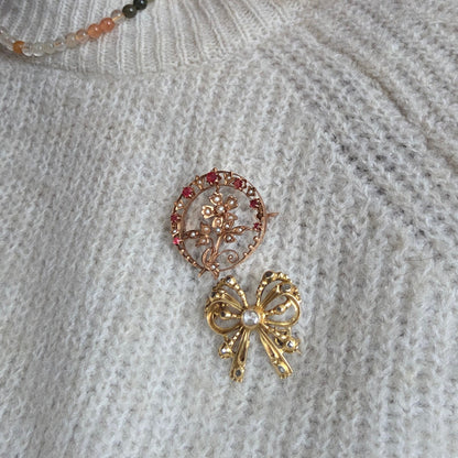 Antieke 14k gouden strik broche met roosdiamanten