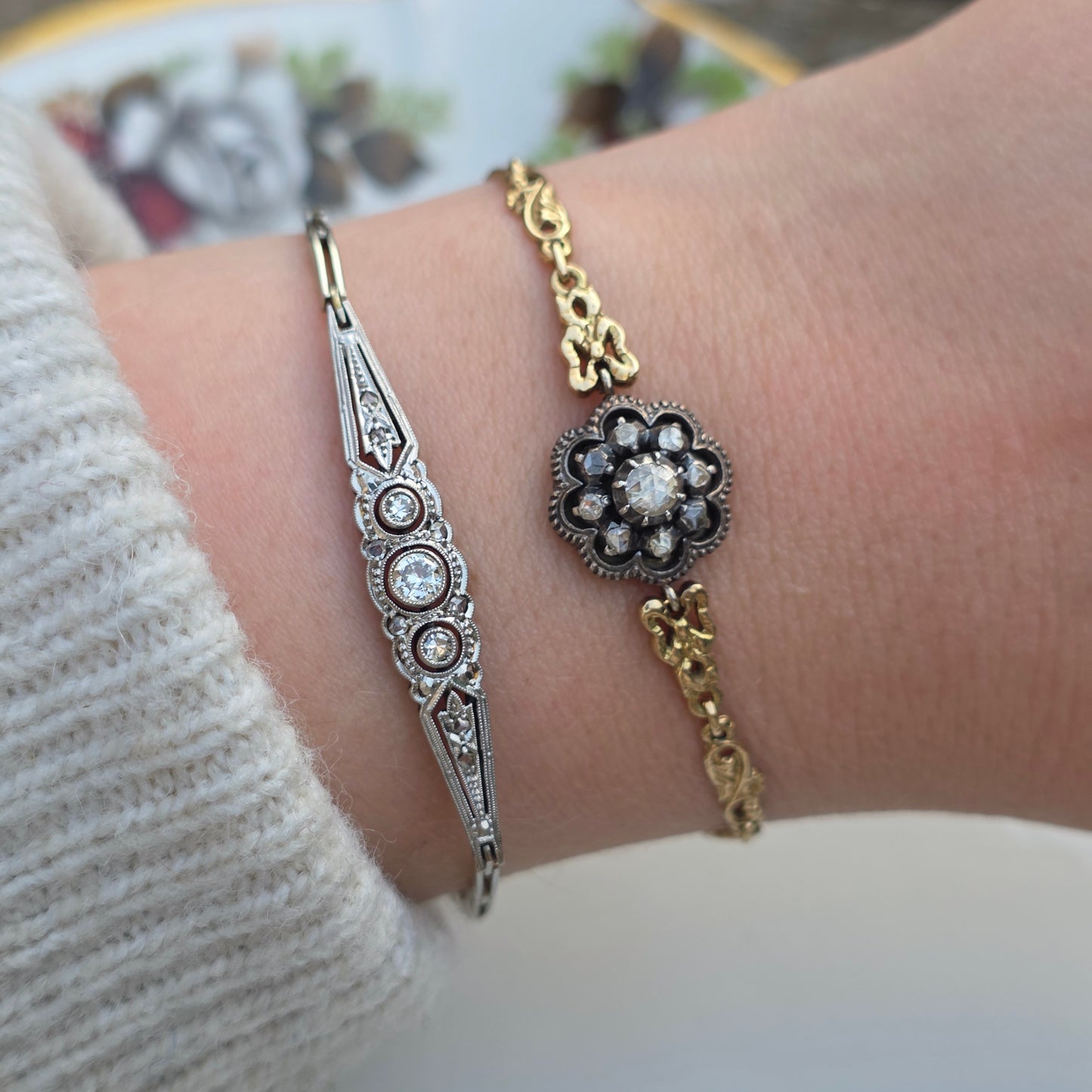 Antieke 14k gouden en zilver roosdiamant armband