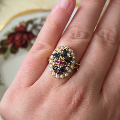 Vintage 14k ring saffier robijn diamant en zaadparels Franklin Mint
