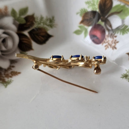 Vintage 14k gouden broche met diamant en lapis lazuli