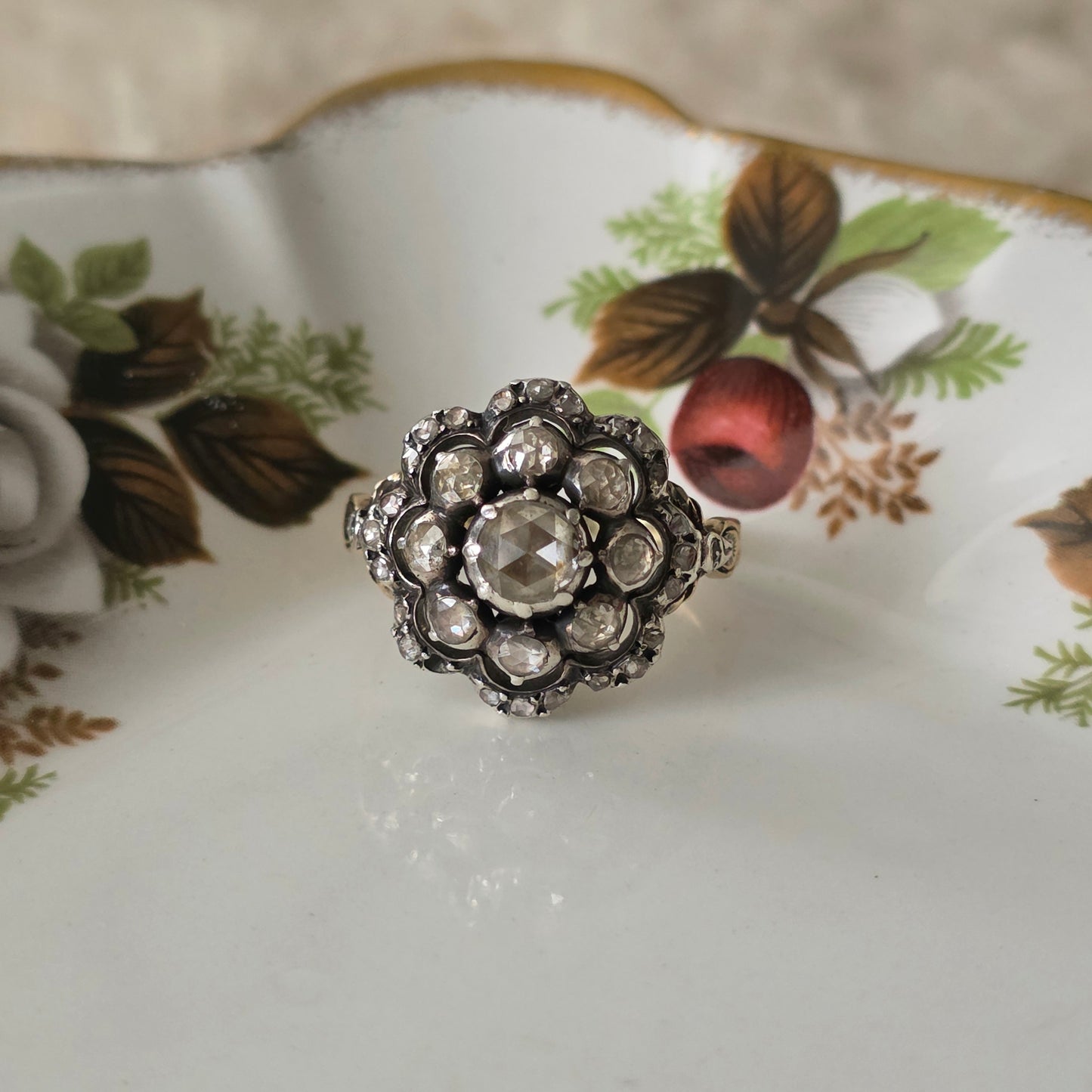 Antieke 14k gouden en zilver ring roosdiamant bloem