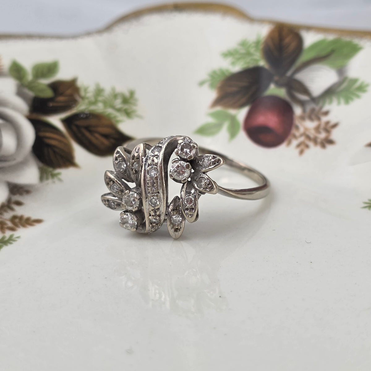 Antieke 14k witgouden ring diamanten bloemen