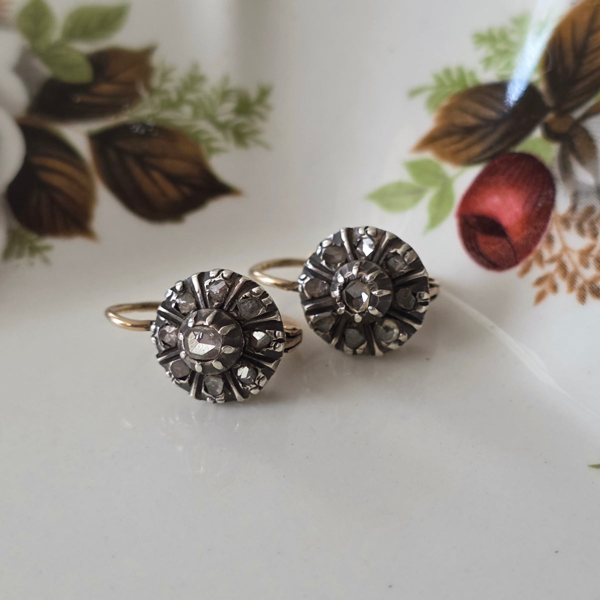 Antique 14k gold and silver rose-cut diamond dormeuse earrings