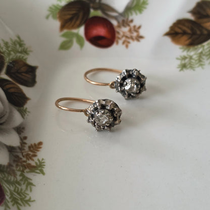 Antieke 14k gouden en zilver roosdiamant oorhangers