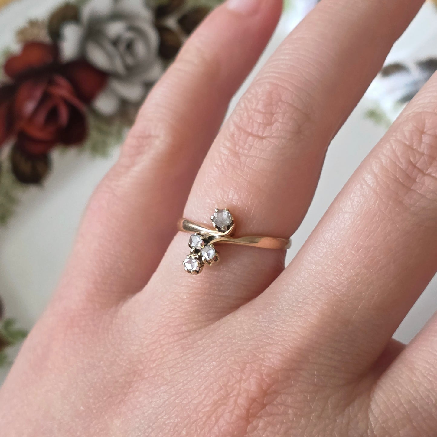 Antieke 14k roségouden ring met roosdiamanten