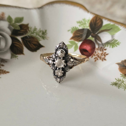 Antieke 14k gouden en zilver ring roosdiamant navette