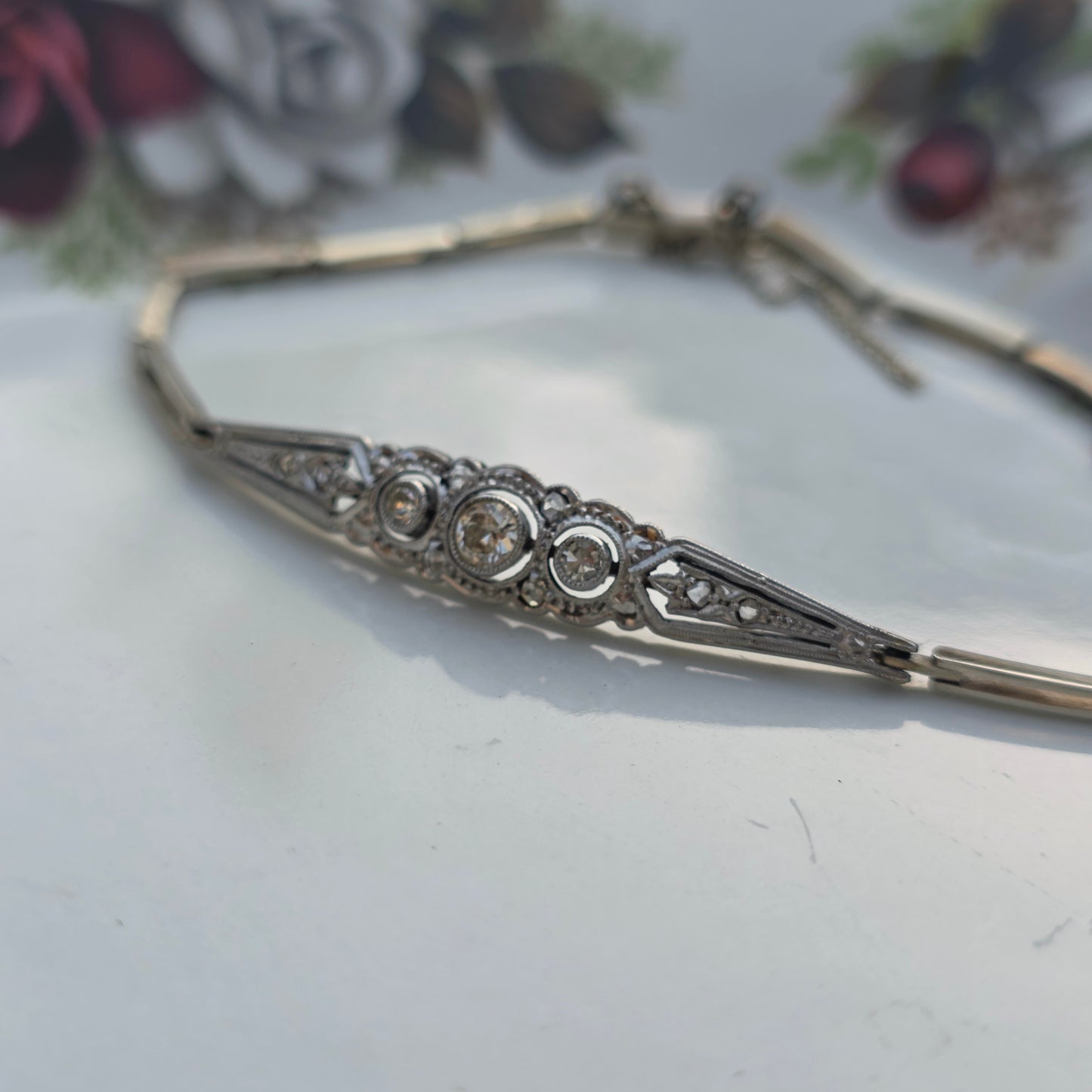 Antieke 14k wit gouden Art Deco diamanten armband