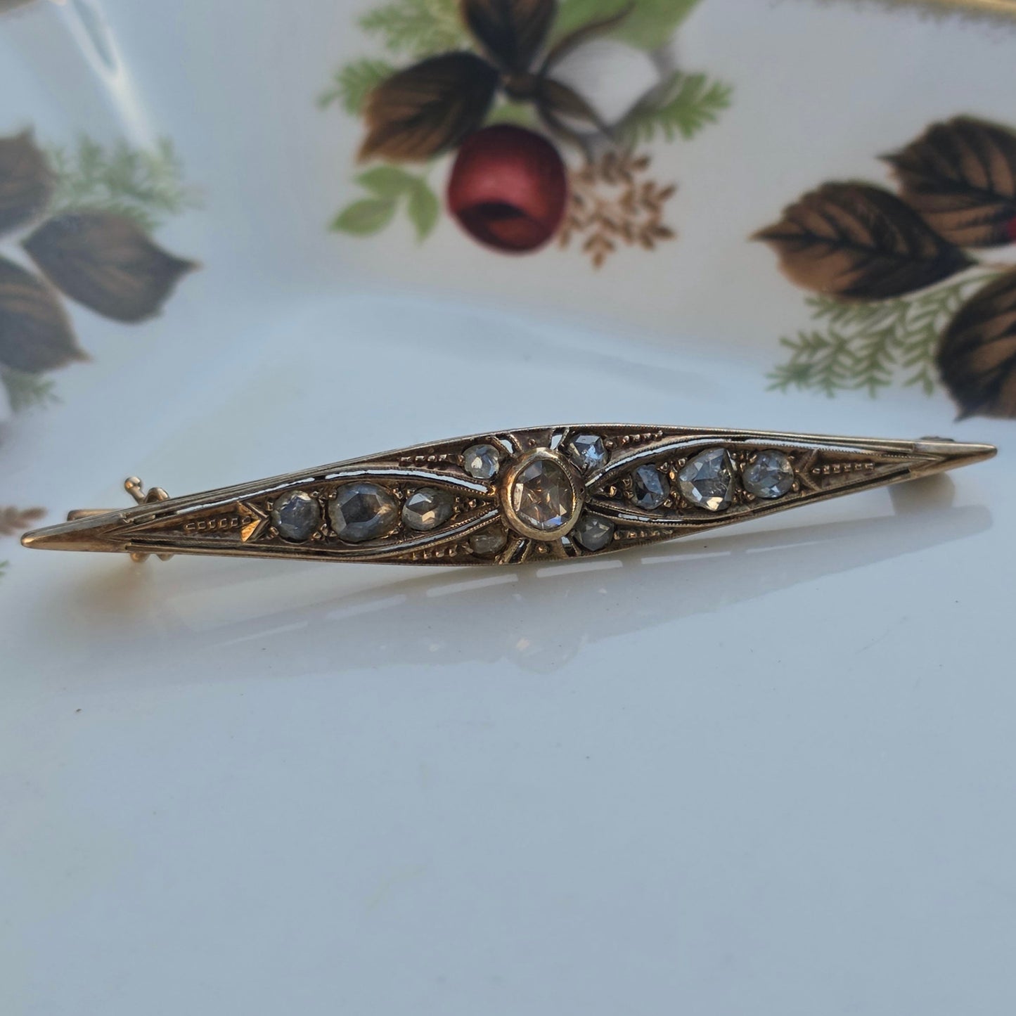 Antieke 14k gouden roosdiamant broche vroege Art Deco
