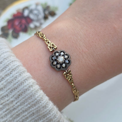 Antieke 14k gouden en zilver roosdiamant armband