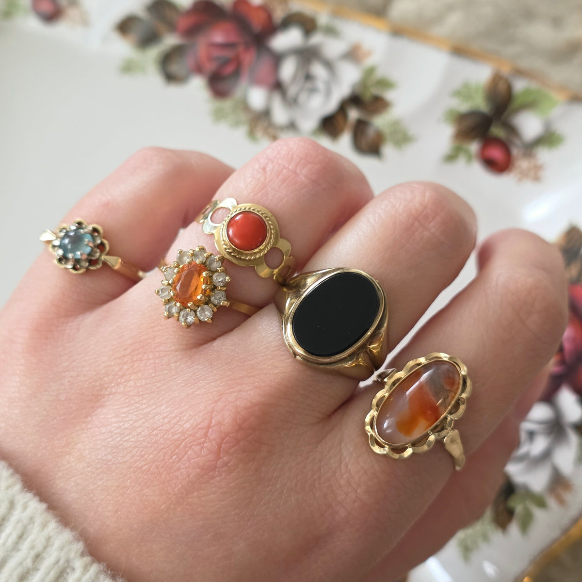 Vintage 18k gouden ring met citrien en kwarts