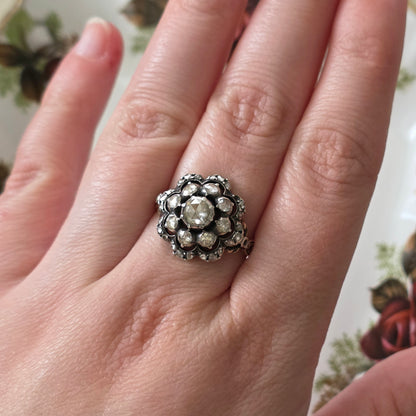 Antieke 14k gouden en zilver ring roosdiamant bloem