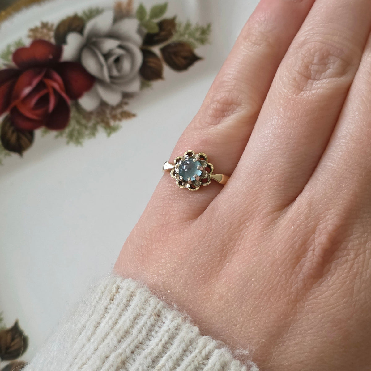 Vintage 14k gouden ring met aquamarijn bloem
