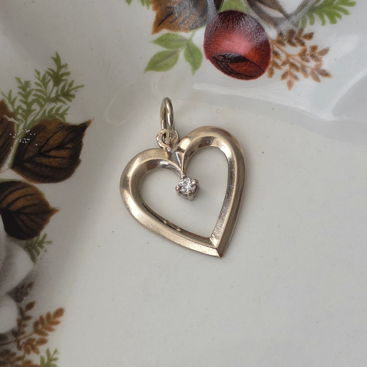 Vintage 14k witgouden hanger hart diamant 0.03ct