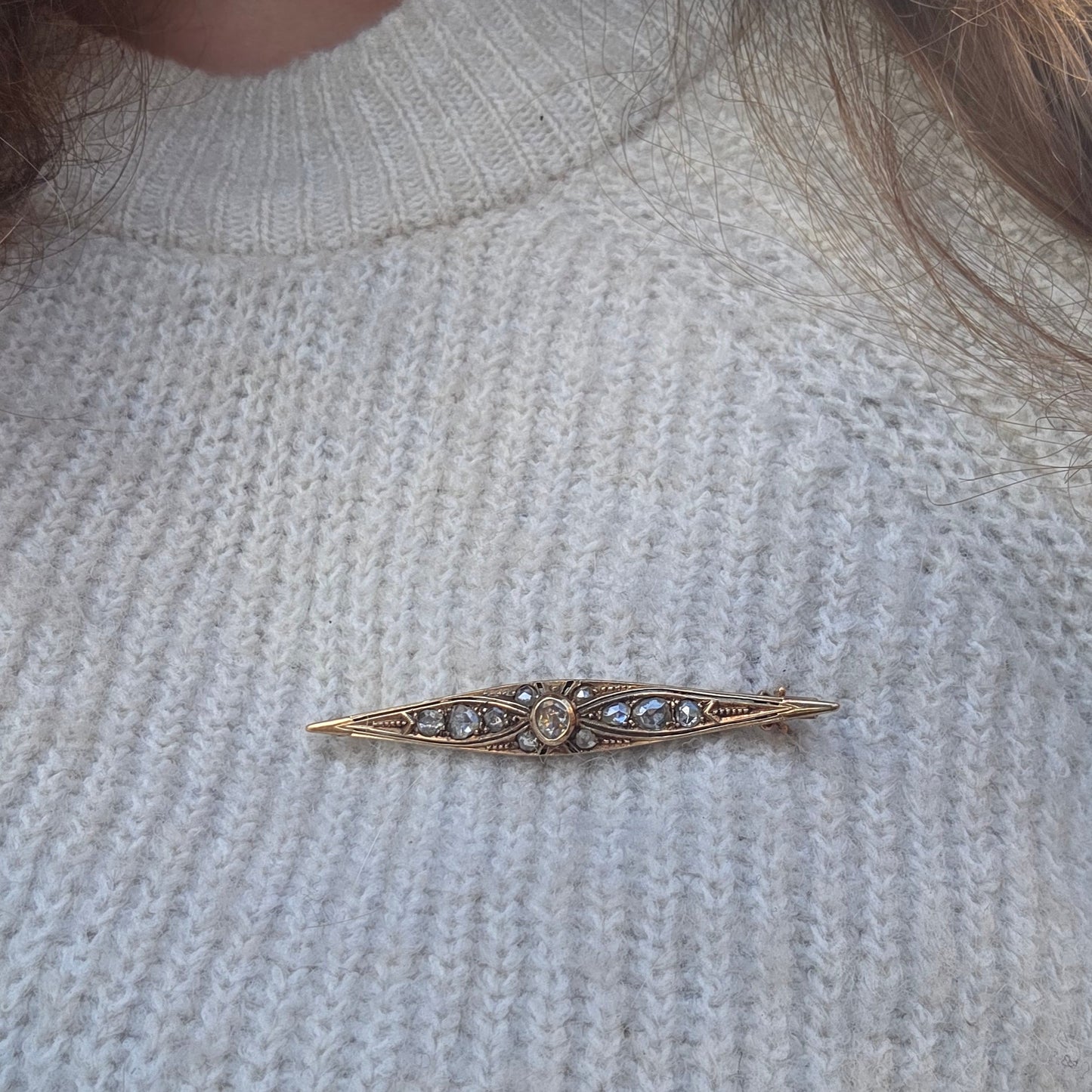 Antieke 14k gouden roosdiamant broche vroege Art Deco