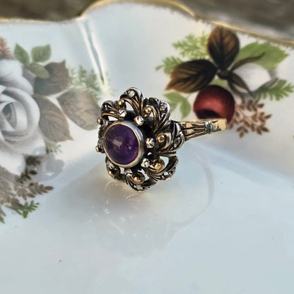 Antieke 14k gouden en zilver ring met amethist en diamantjes