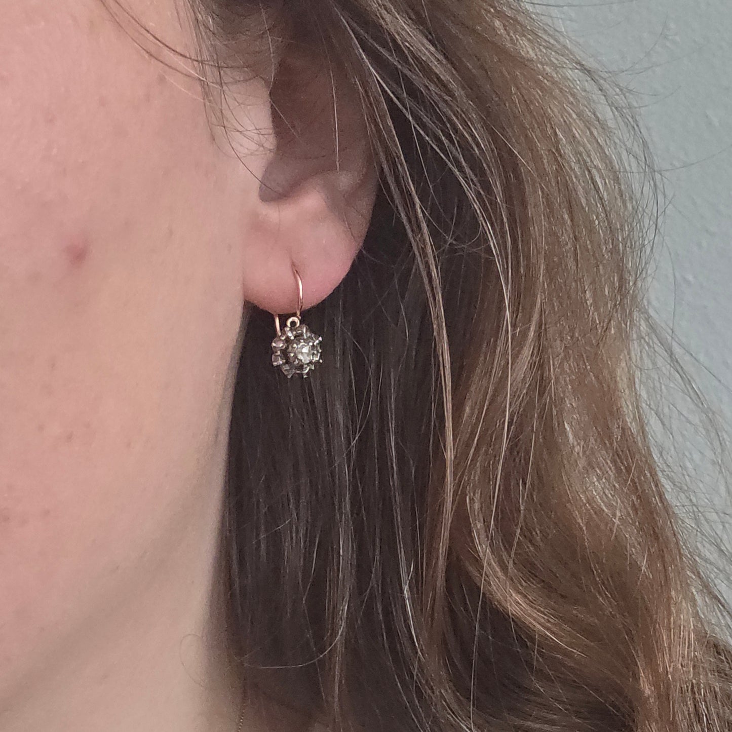 Antieke 14k gouden en zilver roosdiamant oorhangers