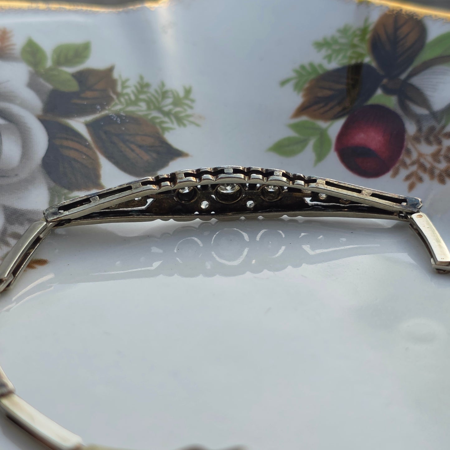 Antieke 14k wit gouden Art Deco diamanten armband