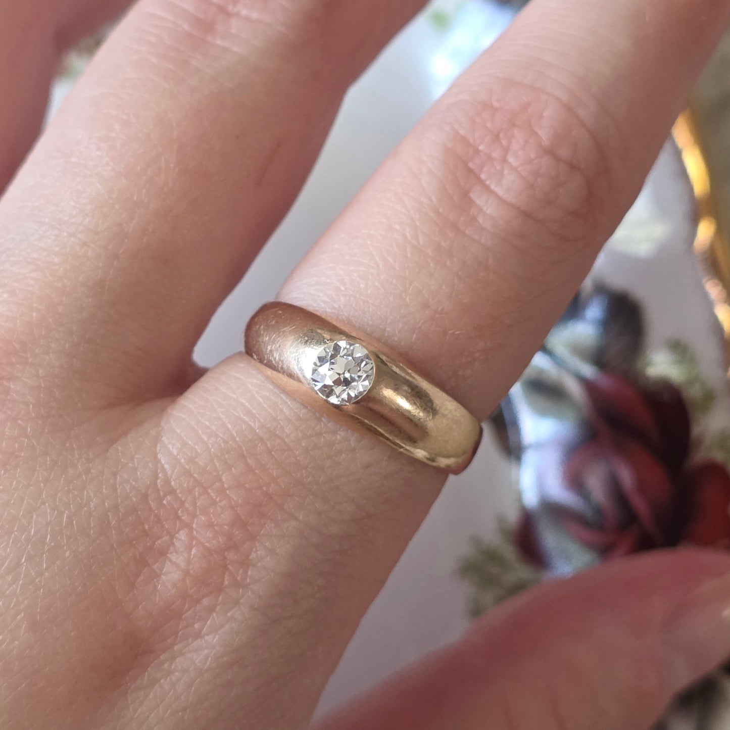Antieke 14k gouden gypsy bombe ring old European cut diamant 0.4ct
