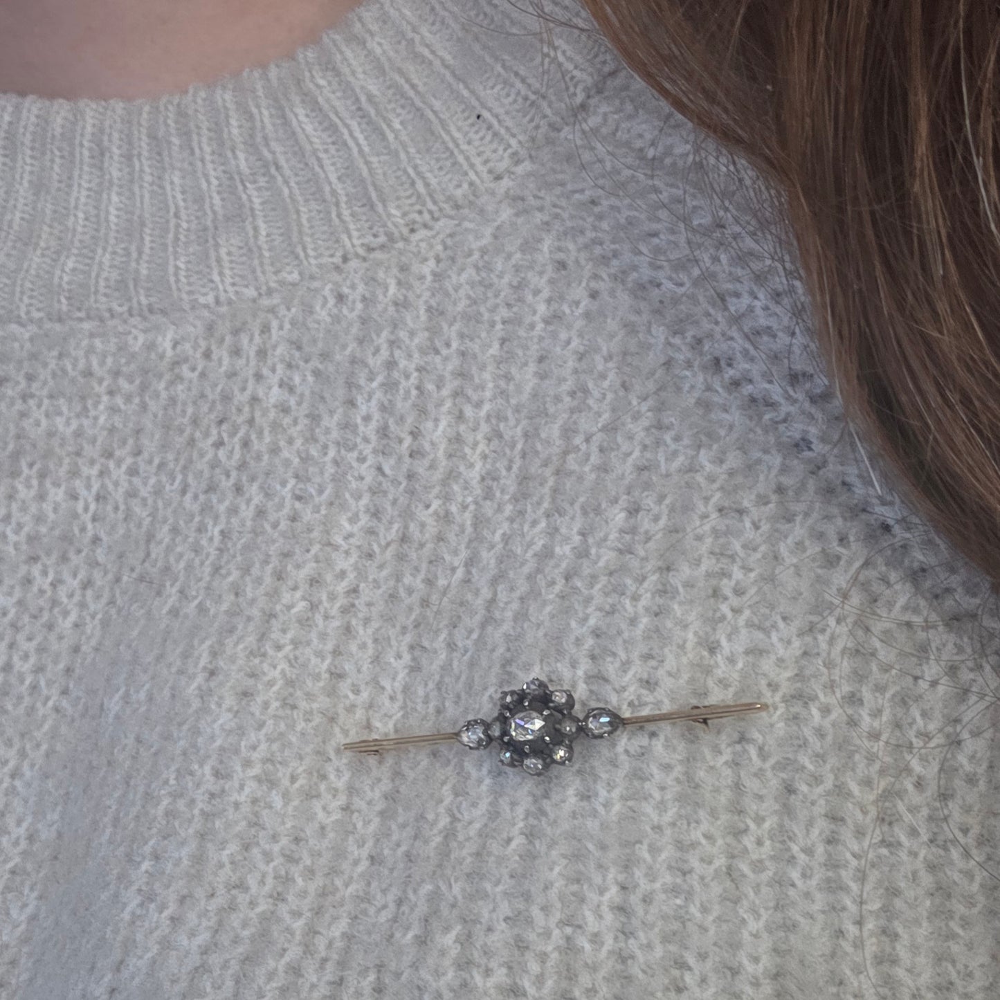 Antique 14k gold and silver rose-cut diamond brooch