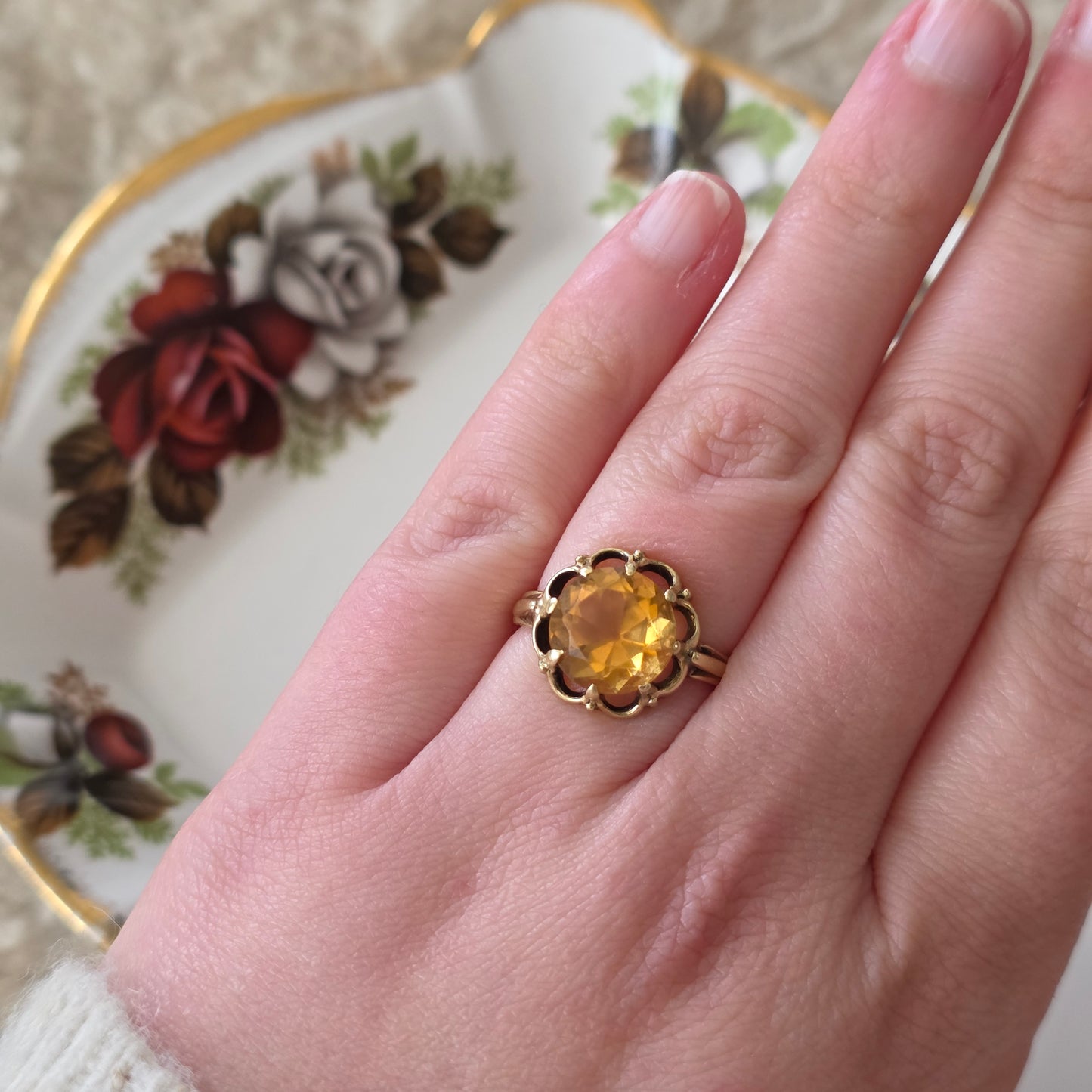Vintage 14k gouden ring citrien bloem