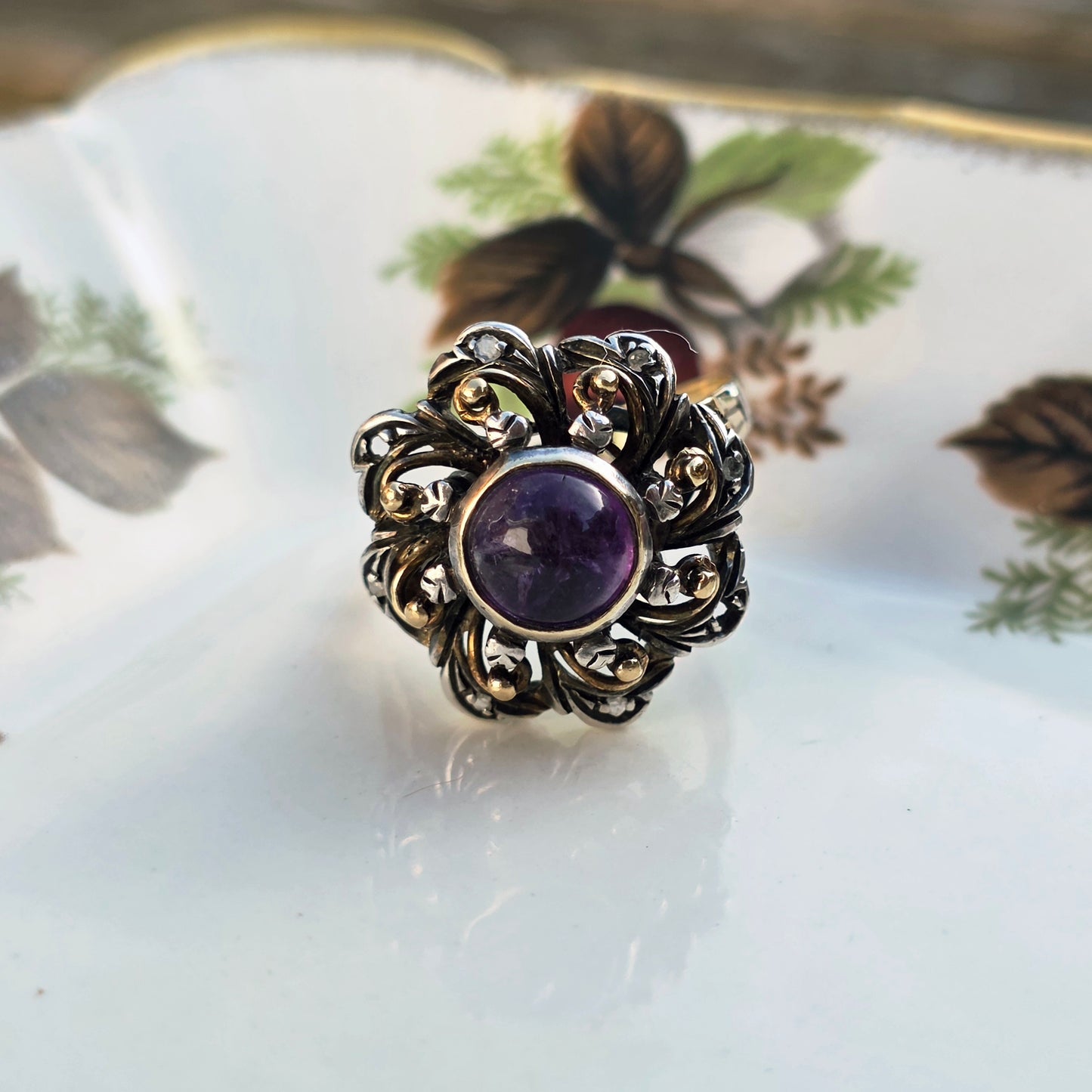 Antieke 14k gouden en zilver ring met amethist en diamantjes