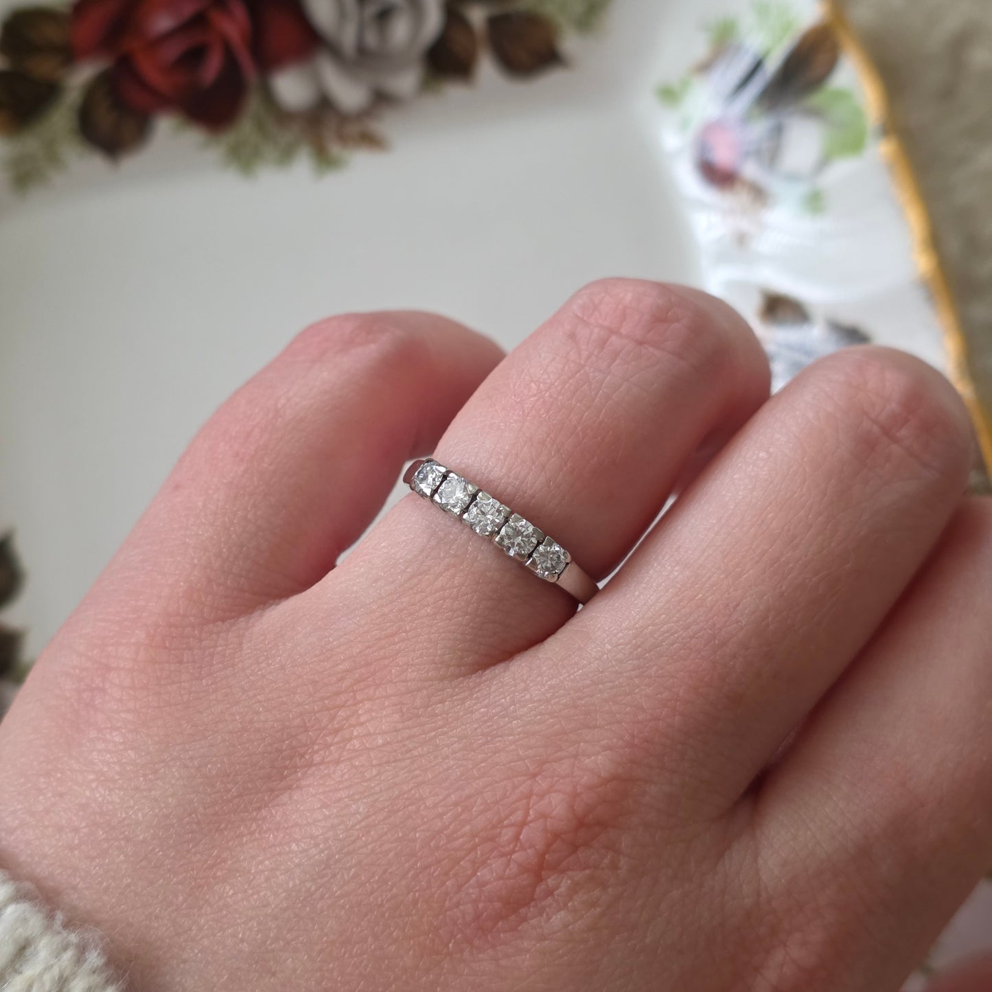 Vintage 14k witgouden ring met 5 diamanten 0.5ct