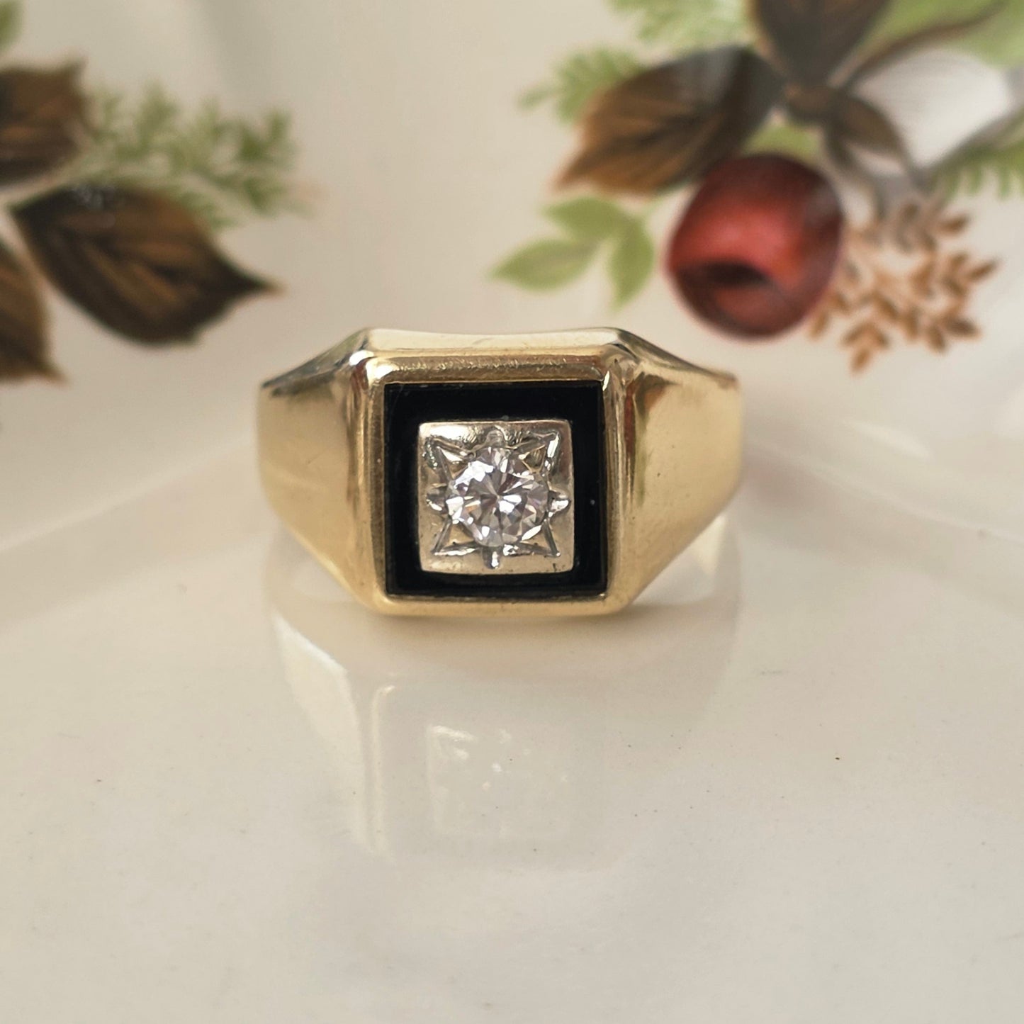 Vintage 14k gouden zegelring met onyx en diamant