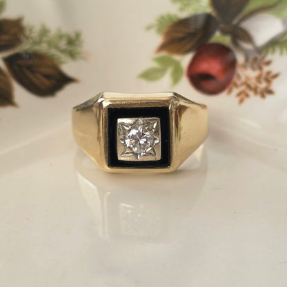 Vintage 14k gouden zegelring met onyx en diamant