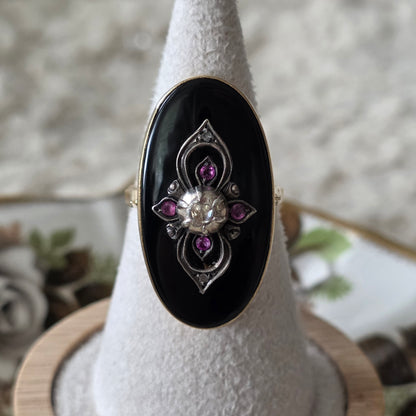 Antieke 14k gouden ring met onyx, robijnen en roosdiamant
