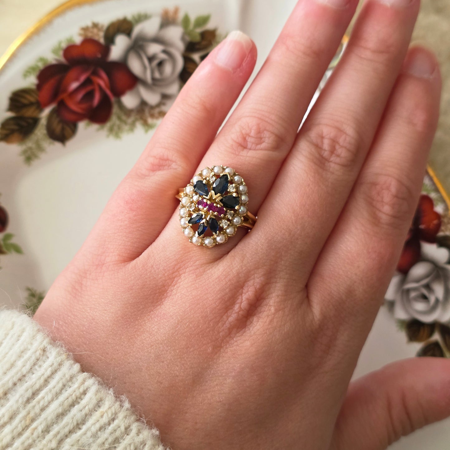 Vintage 14k ring saffier robijn diamant en zaadparels Franklin Mint