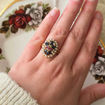 Vintage 14k ring saffier robijn diamant en zaadparels Franklin Mint