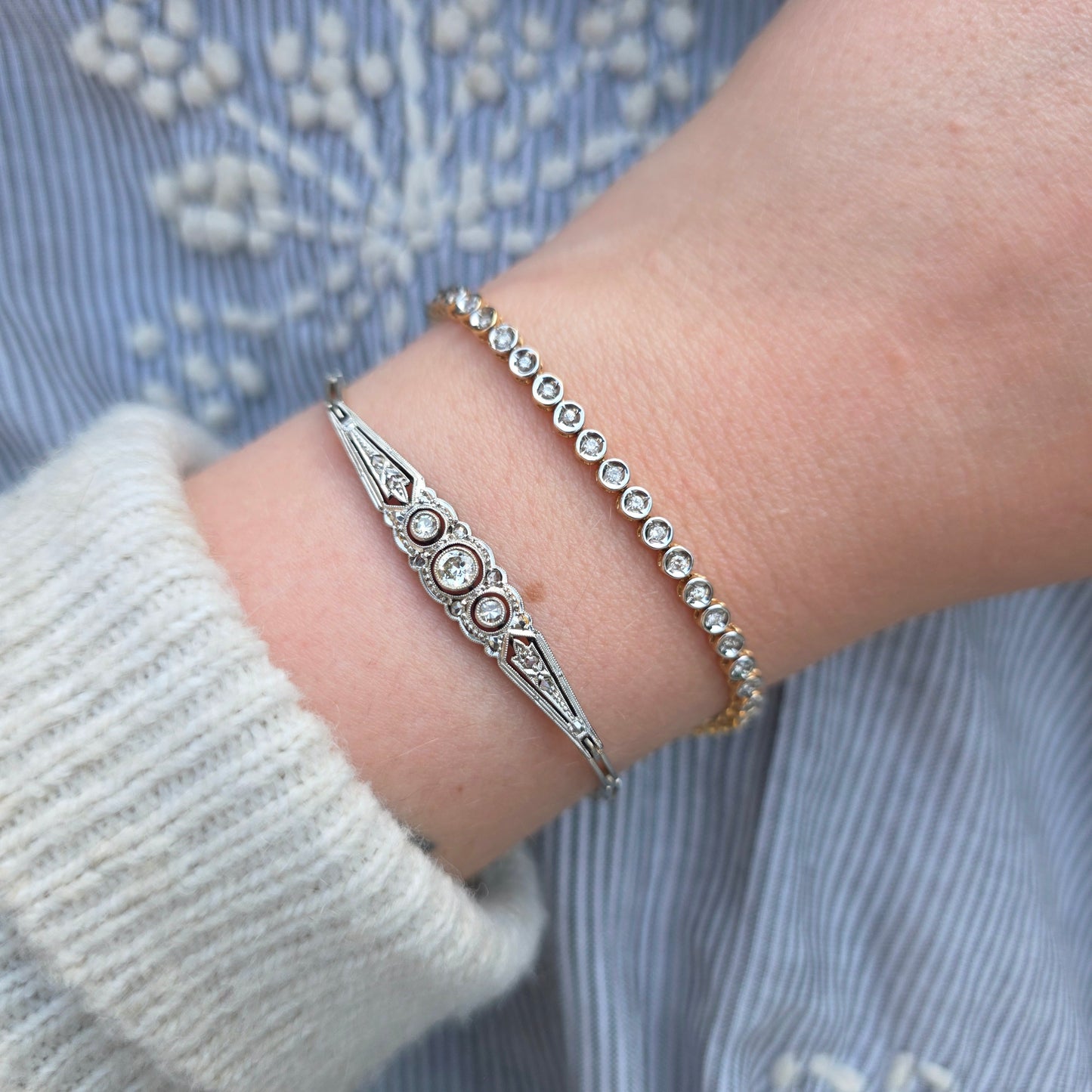 Antieke 14k wit gouden Art Deco diamanten armband