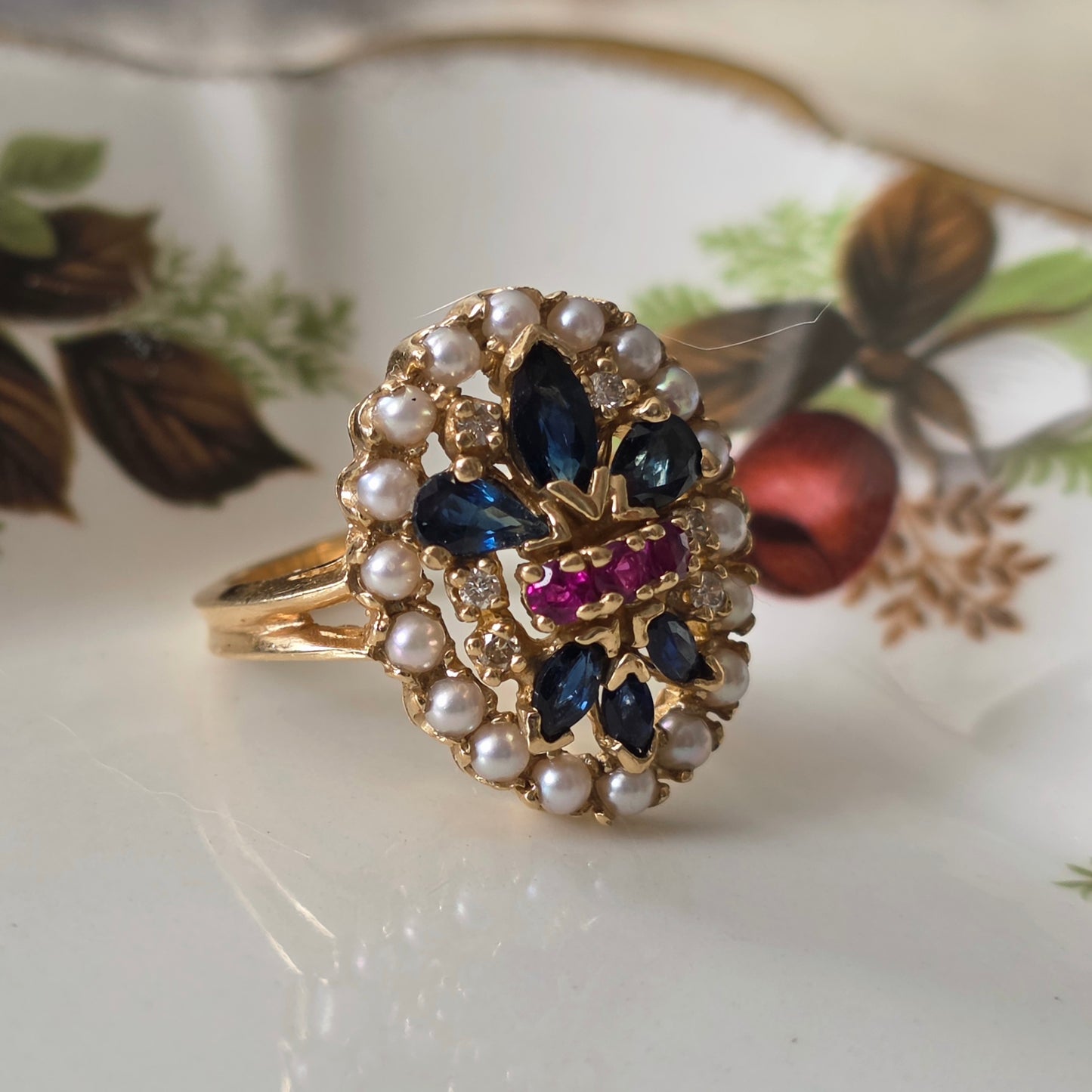 Vintage 14k ring saffier robijn diamant en zaadparels Franklin Mint