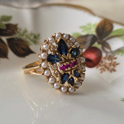 Vintage 14k ring saffier robijn diamant en zaadparels Franklin Mint