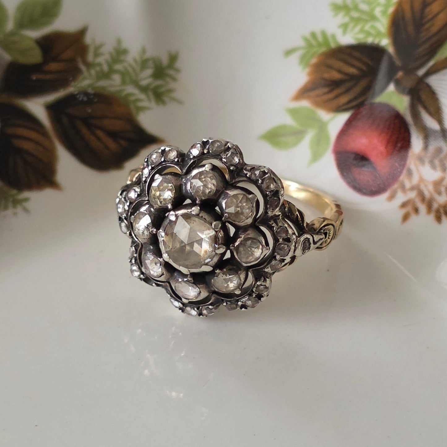 Antieke 14k gouden en zilver ring roosdiamant bloem