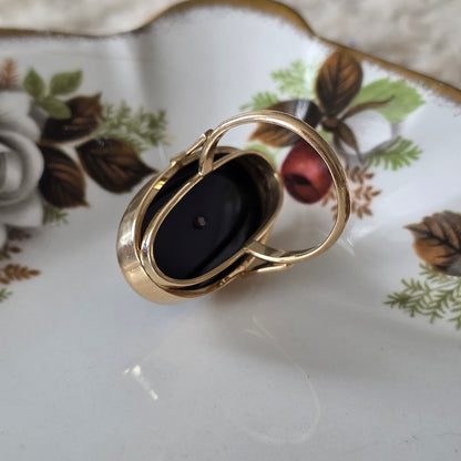 Antieke 14k gouden ring met onyx, robijnen en roosdiamant